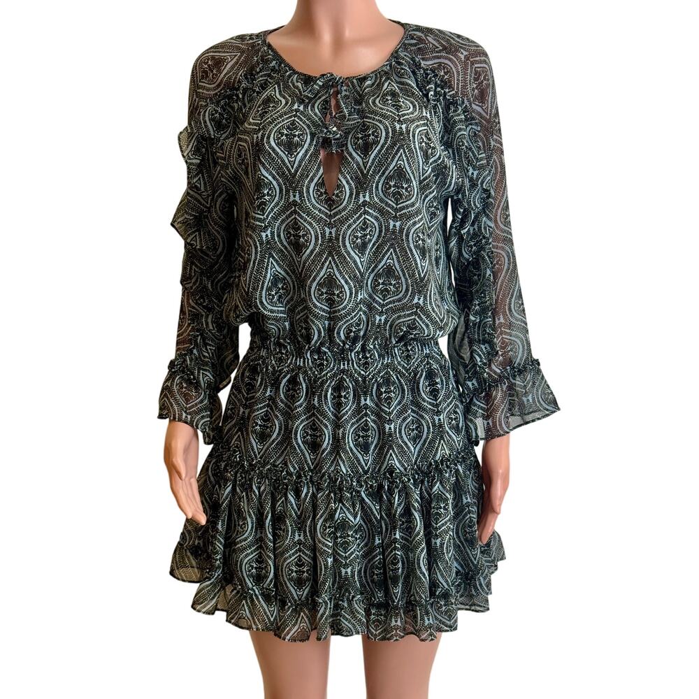 Misa Los Angeles Flutter Sleeve Mini Dress Size M Blue Print Tiered Hem Chiffon
